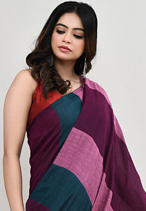Contrast Cotton Saree in Multicolor