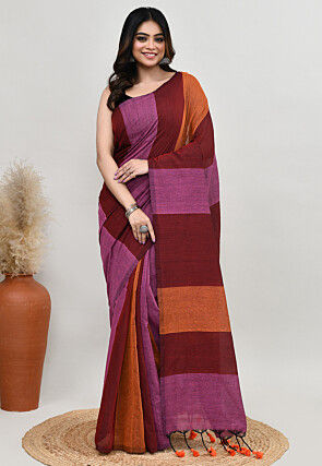 Contrast Cotton Saree in Multicolor