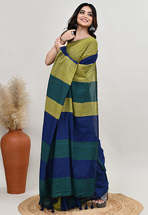 Contrast Cotton Saree in Olive Green and Multicolor
