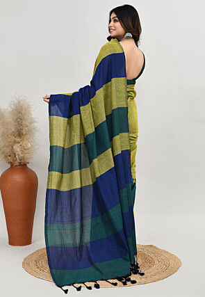 Contrast Cotton Saree in Olive Green and Multicolor
