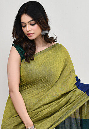 Contrast Cotton Saree in Olive Green and Multicolor