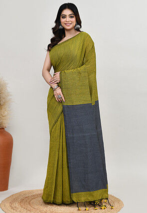 Contrast Cotton Saree in Olive Green