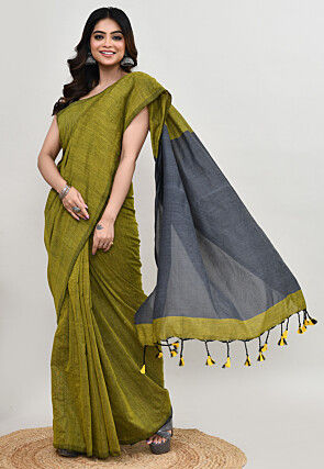 Contrast Cotton Saree in Olive Green