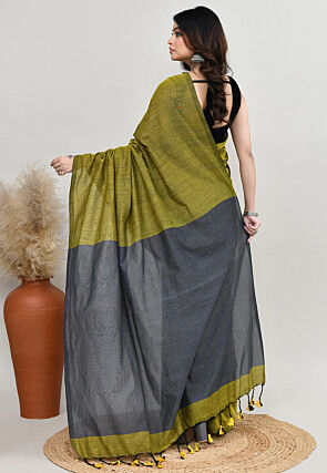 Contrast Cotton Saree in Olive Green