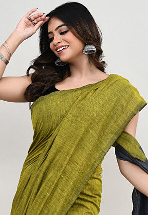 Contrast Cotton Saree in Olive Green