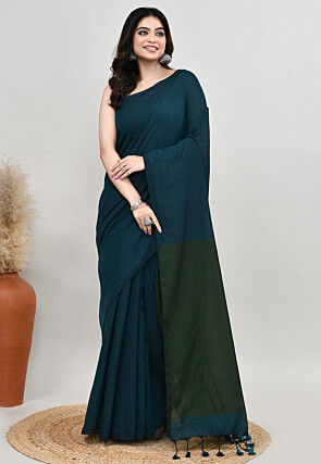Contrast Cotton Saree in Teal Blue