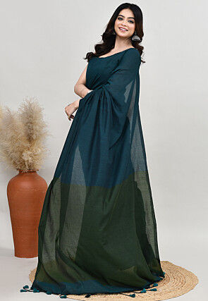 Contrast Cotton Saree in Teal Blue
