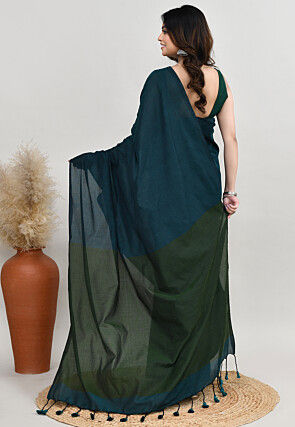 Contrast Cotton Saree in Teal Blue
