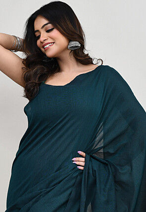 Contrast Cotton Saree in Teal Blue