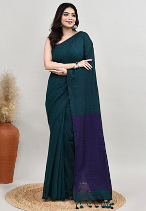 Contrast Cotton Saree in Teal Blue