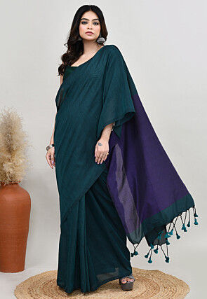Contrast Cotton Saree in Teal Blue