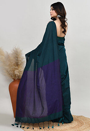 Contrast Cotton Saree in Teal Blue