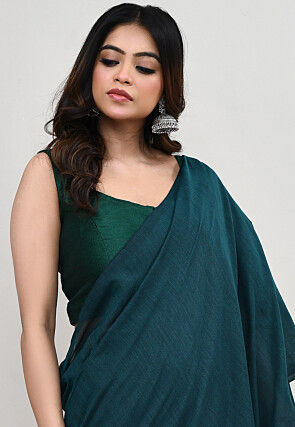 Contrast Cotton Saree in Teal Blue