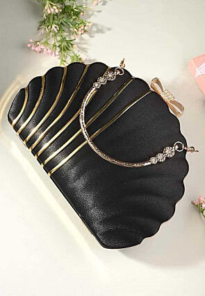 Contrast Detailing Satin Scalloped Clutch Bag in Black