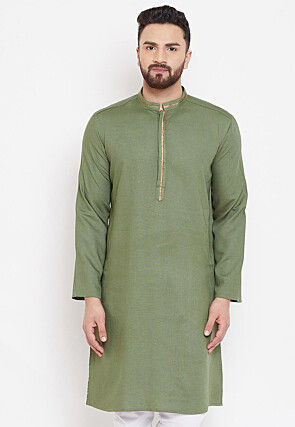Contrast Neckline Linen Kurta in Dark Olive Green