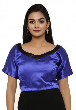 Contrast Neckline Satin Blouse in Indigo Blue