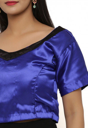 Contrast Neckline Satin Blouse in Indigo Blue