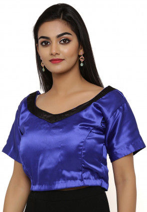 Contrast Neckline Satin Blouse in Indigo Blue