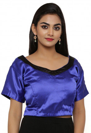 Contrast Neckline Satin Blouse in Indigo Blue