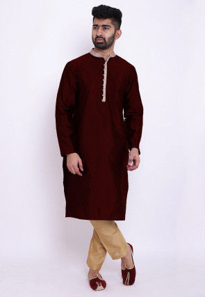 Contrast Neckline Taffeta Silk Kurta in Maroon
