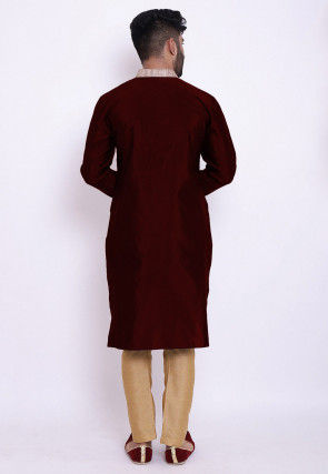 Contrast Neckline Taffeta Silk Kurta in Maroon