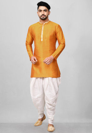 Contrast Placket Dupion Silk Short Kurta Set in Orange