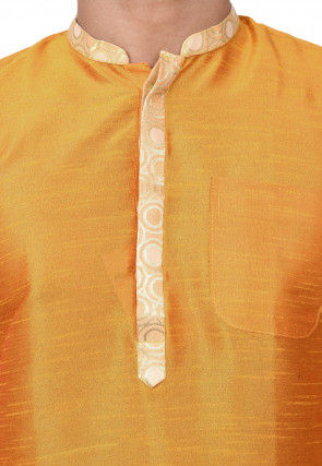 Contrast Placket Dupion Silk Short Kurta Set in Orange