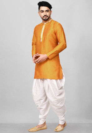 Contrast Placket Dupion Silk Short Kurta Set in Orange