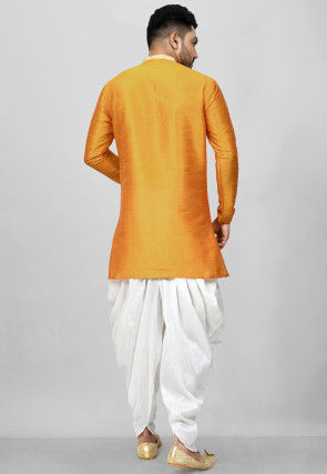 Contrast Placket Dupion Silk Short Kurta Set in Orange