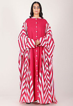 Contrast Pure Cotton Kaftan Style Dress in Fuchsia and White