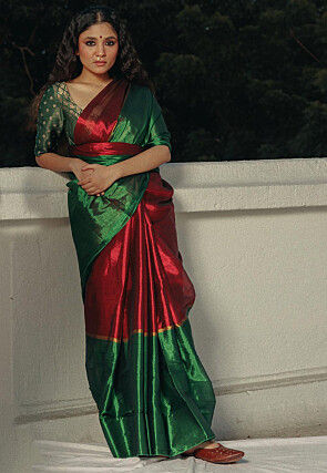Contrast Tissue Saree in Red and Green