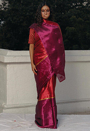 Contrast Tissue Saree in Red and Magenta