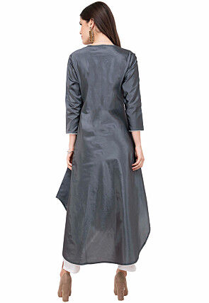 Contrast Trim Art Silk Asymmetric Kurta in Grey