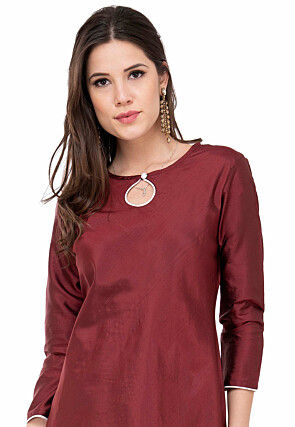 Contrast Trim Art Silk Asymmetric Kurta in Maroon