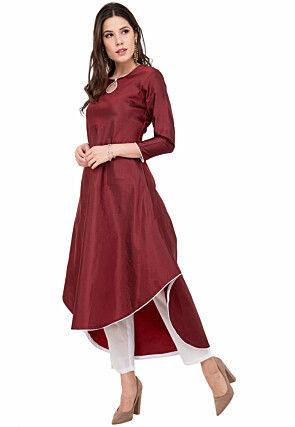 Contrast Trim Art Silk Asymmetric Kurta in Maroon