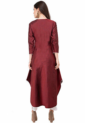 Contrast Trim Art Silk Asymmetric Kurta in Maroon