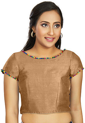 Contrast Trim Art Silk Blouse in Beige