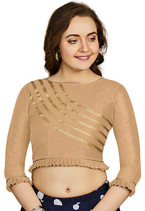 Contrast Trim Art Silk Blouse in Beige