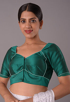 Contrast Trim Art Silk Blouse in Teal Green