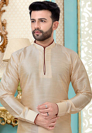 Contrast Trim Art Silk Dhoti Kurta in Beige
