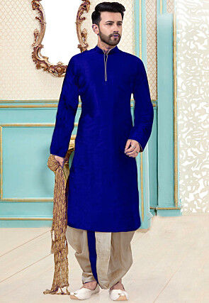 Contrast Trim Art Silk Dhoti Kurta in Royal Blue