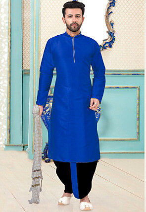 Contrast Trim Art Silk Dhoti Kurta in Royal Blue