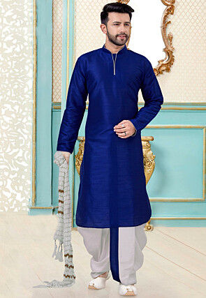 Contrast Trim Art Silk Dhoti Kurta in Royal Blue