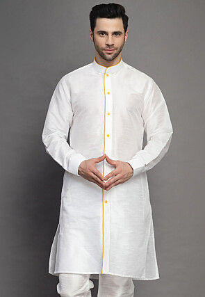 Contrast Trim Art Silk Kurta in Off White