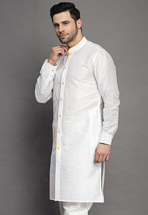 Contrast Trim Art Silk Kurta in Off White