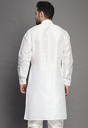 Contrast Trim Art Silk Kurta in Off White