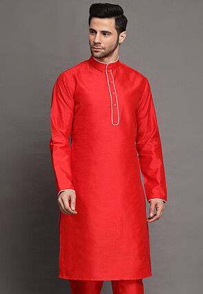 Contrast Trim Art Silk Kurta in Red