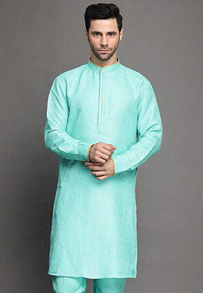 Contrast Trim Art Silk Kurta in Sky Blue