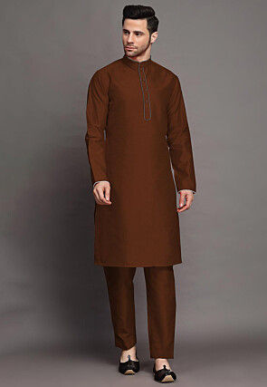 Contrast Trim Art Silk Kurta Set in Brown