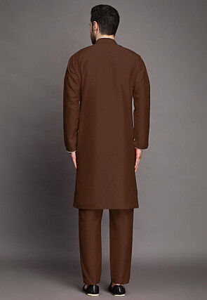 Contrast Trim Art Silk Kurta Set in Brown